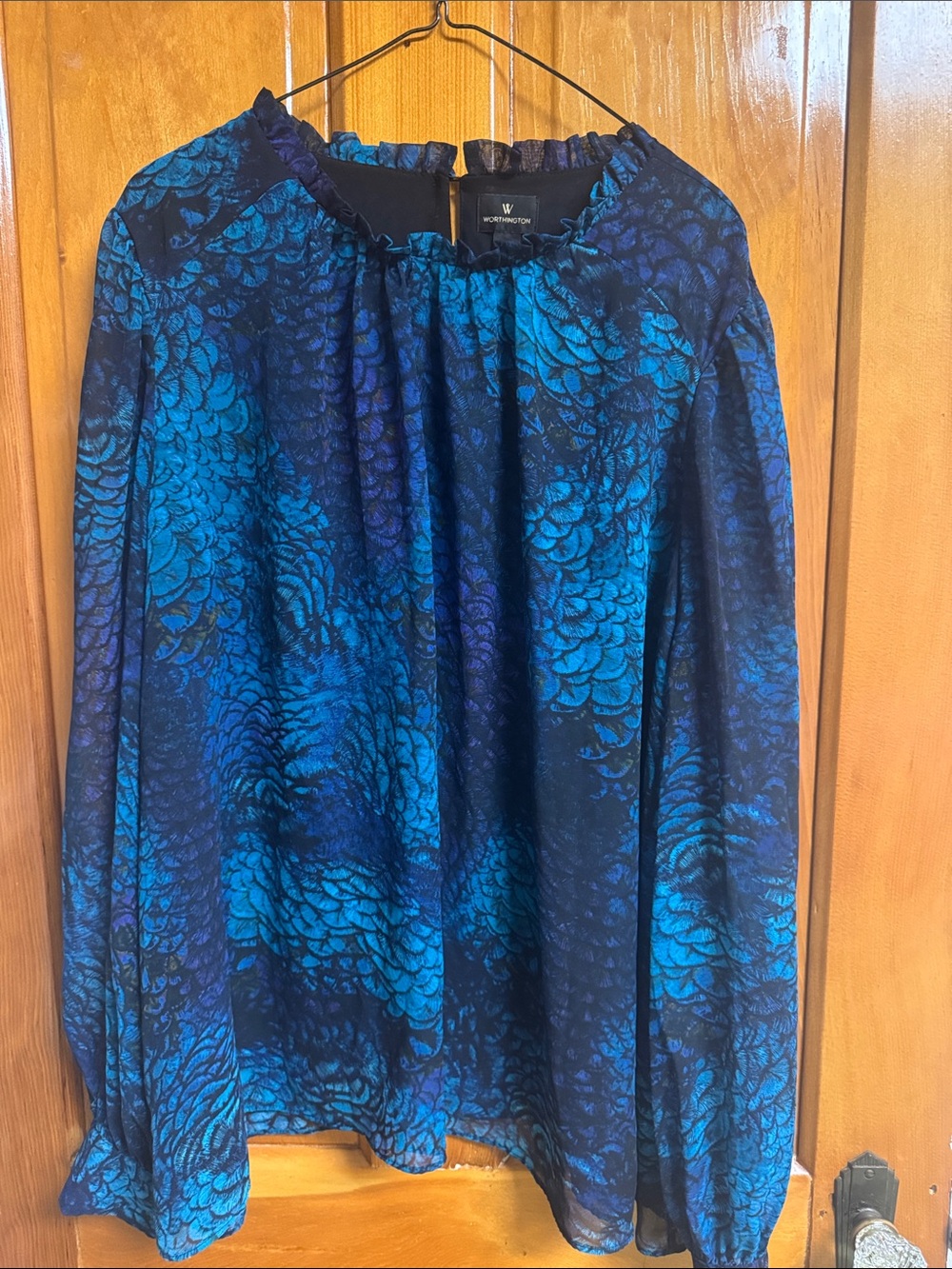Worthington Blue Teal Shimmer Long-Sleeve Blouse